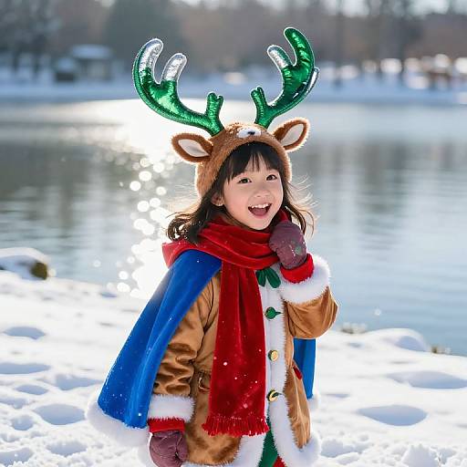 Photograph of a smiling child with brown hair, wearing a reindeer hat, blue and brown winter coat, red scarf, and mittens, standing