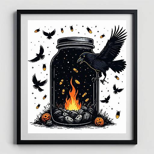 Horror-Themed Crow with Glowing Fireflies in Jar