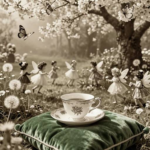 Vintage-style photograph of a white floral teacup on a green velvet cushion, surrounded by fairy dolls and butterflies in a magical, blooming garden.