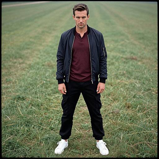 Photograph of a serious-looking man with short brown hair, wearing a black jacket, dark maroon shirt, black pants, and white sneakers, standing