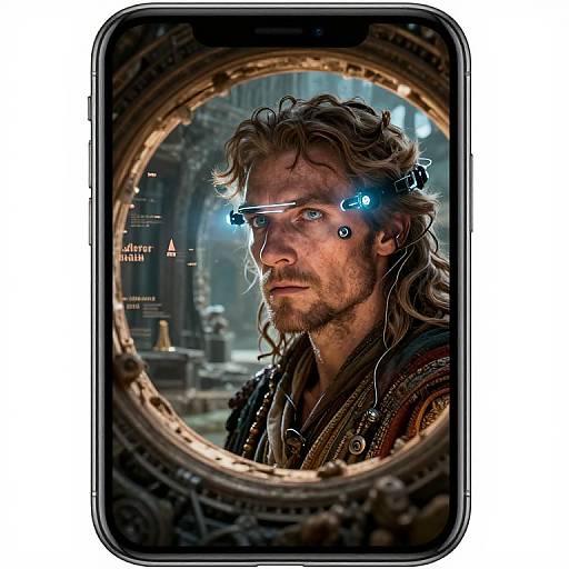 Photorealistic digital portrait of rugged, bearded man with wavy brown hair and blue glowing headset, framed within a circular, steampunk-style
