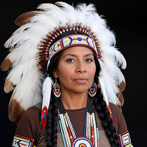 Photograph of a Native American woman with medium brown skin, wearing a white and brown feathered headdress, intricate jewelry, and colorful beadwork on
