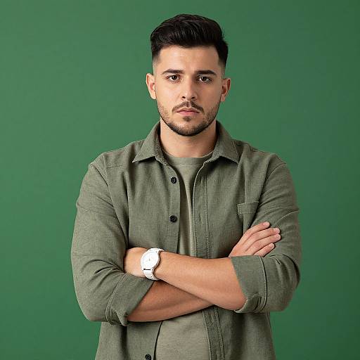 Photograph of a handsome, bearded man with short black hair, wearing a green button-up shirt, white watch, and arms crossed, against a