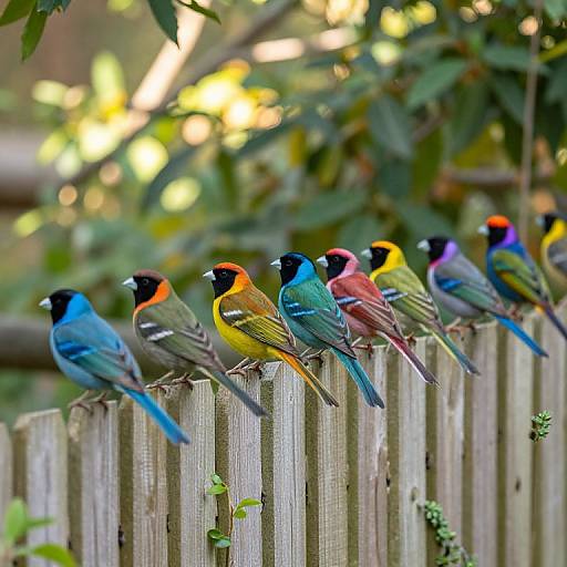 Photograph of a row of vibrant, multicolored birds with blue, orange, red, and green feathers perched on a wooden fence in a