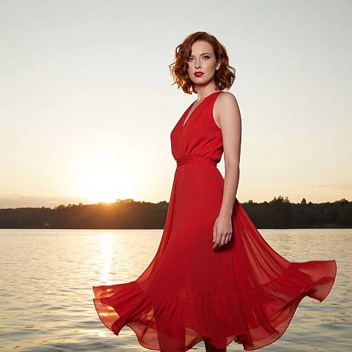 Red-Haired Woman by Sunset Lake