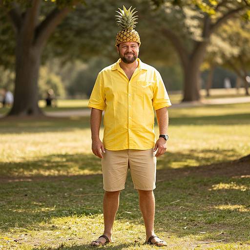 Man in Pineapple Hat at Park