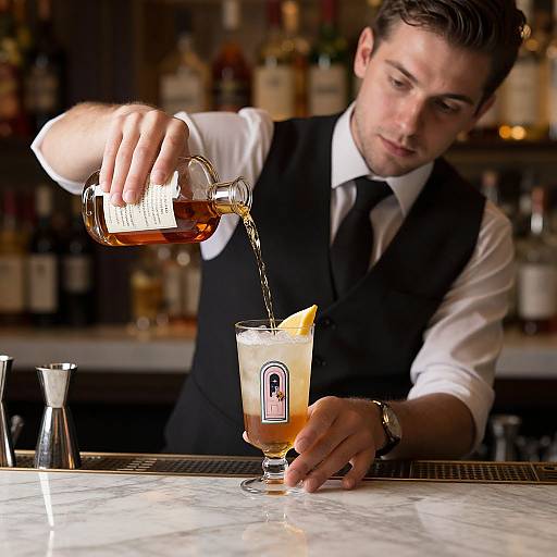 Photograph of a male bartender in a black vest and white shirt, pouring amber liquid from a glass bottle into a cocktail with an orange slice, in