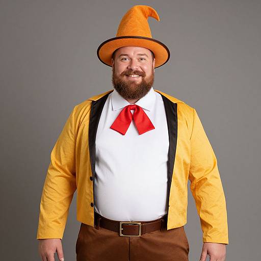 Photograph of a bearded man in a bright yellow wizard hat, yellow jacket, white shirt with red bowtie, brown pants, against a gray