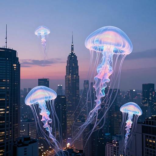 Photograph of glowing blue jellyfish above a city skyline at dusk, featuring tall buildings with illuminated windows and a pink-purple sky.