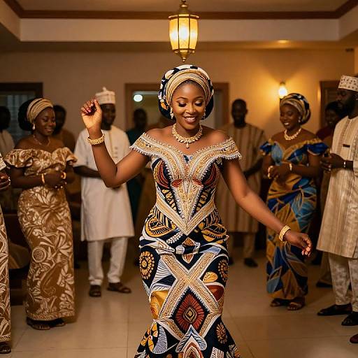 Photograph of a smiling Black woman in an elaborate, patterned African dress, beaded headwrap, and jewelry, dancing in a warmly lit room