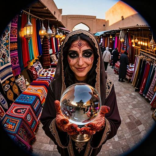 Photograph of a smiling Indian woman in traditional henna-adorned face and black veil, holding a clear glass orb, in a colorful, vibrant