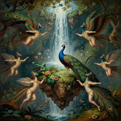 Digital painting: Vibrant peacocks with elaborate feathers and golden crowns surround a central blue peacock, all floating around a lush, cascading