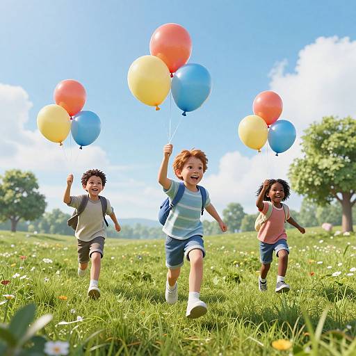 Hyper-Realistic Children Running in Meadow