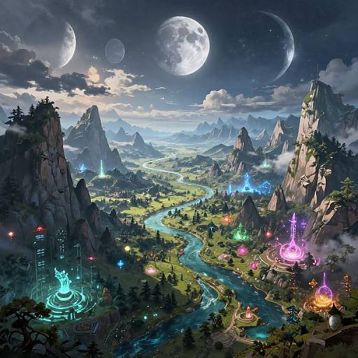 Fantasy landscape digital art: glowing neon structures, winding river, towering mountains, full moons, luminous clouds, vibrant colors, mystical atmosphere.