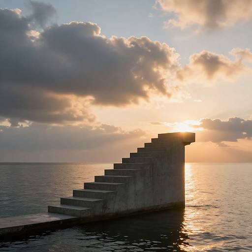 Photograph of a concrete staircase silhouetted against a sunset sky, with golden sunlight peeking through clouds over a calm ocean.