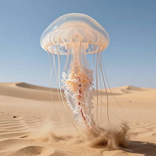 Photograph of a glowing, translucent jellyfish with long, trailing tentacles floating above golden sand dunes under a clear blue sky.