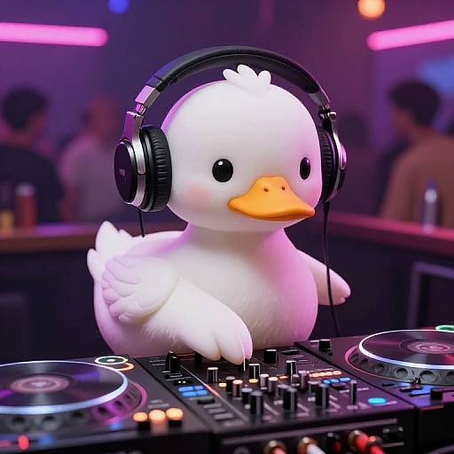 Photograph of a white rubber duck with a yellow beak wearing black headphones, standing on a DJ mixer in a dimly lit club with purple neon
