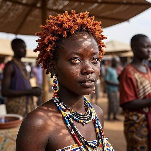 Photograph of a dark-skinned African woman with vibrant orange dreadlocks, wearing colorful beaded necklaces, standing outdoors under a thatched roof,