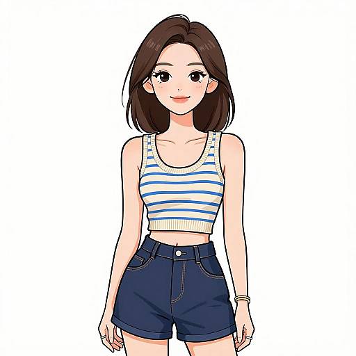 Digital anime-style drawing of a smiling young Asian woman with straight brown hair, wearing a striped tank top and navy shorts.
