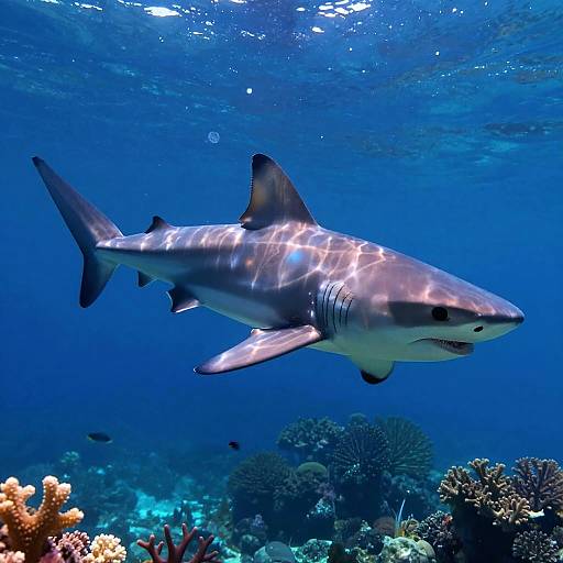 Photograph of a sleek, grey and white tiger shark swimming in a vibrant, blue underwater coral reef, with sunlight filtering through the water.