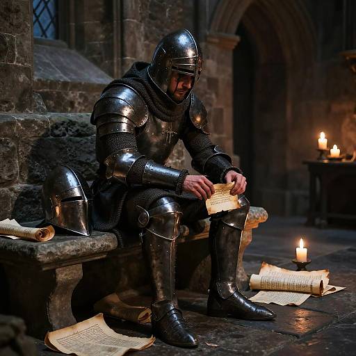 Photograph of a medieval knight in shiny, reflective armor, reading parchment by candlelight on a stone bench in a dimly lit, gothic cathedral