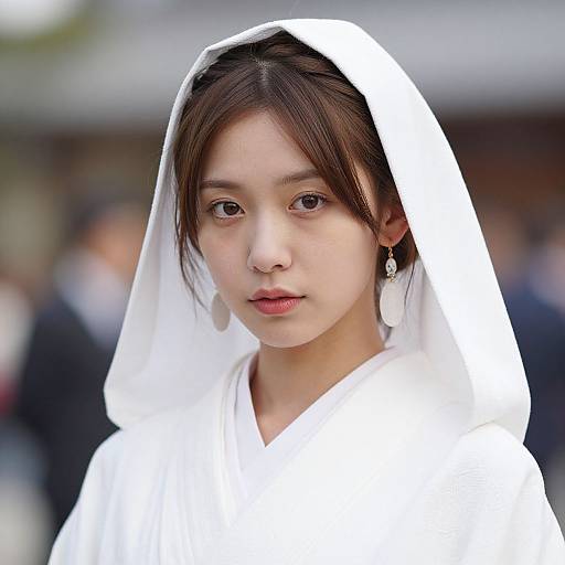 Photograph of a young East Asian woman with fair skin, dark eyes, and brown hair, wearing a white hooded robe, with a blurred outdoor