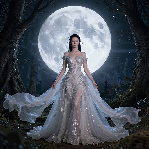 Photograph of a woman in a sparkling, off-shoulder, silver gown with a flowing train, standing before a large, glowing full moon in