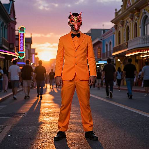 Masked Man in Vibrant City Sunset