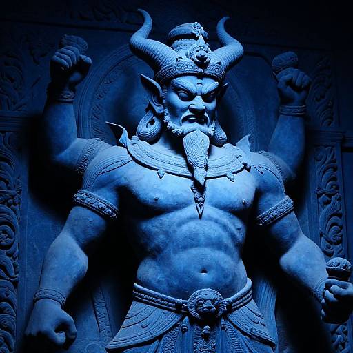 Photograph of a detailed, blue-lit, stone statue of a muscular, horned deity with a beard, wearing an ornate headpiece and