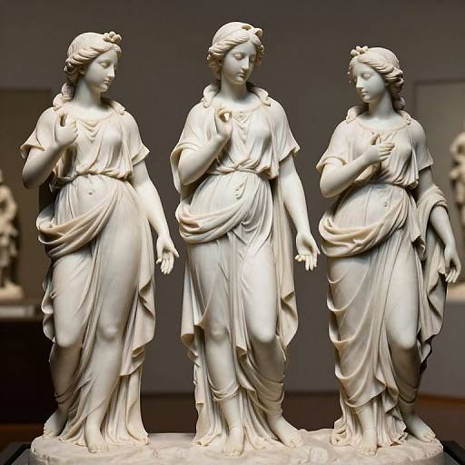 Photograph of three classical white marble statues depicting graceful, draped Greco-Roman women, each with soft curls and serene expressions.