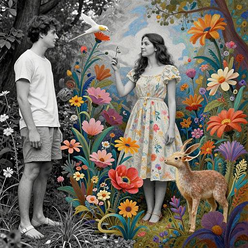 Whimsical digital artwork: Colorful, floral forest scene with a man in a white shirt, woman in a floral dress, and a deer,