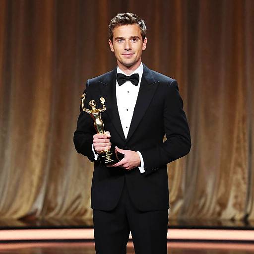 Photograph of a smiling man with short brown hair, in a black tuxedo with a bow tie, holding a golden award, standing against a