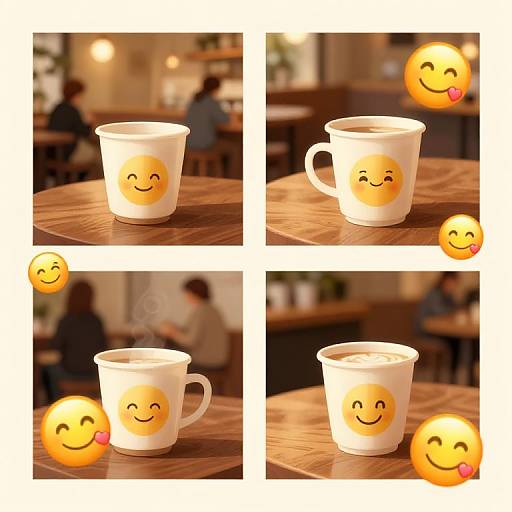 Photograph collage of a white mug with smiling emoji face, topped with frothy milk, in a cozy café, with additional smiley emojis overlay.
