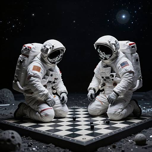 Photograph of two astronauts in white space suits kneeling on a checkerboard in a starry space, playing a chess match.