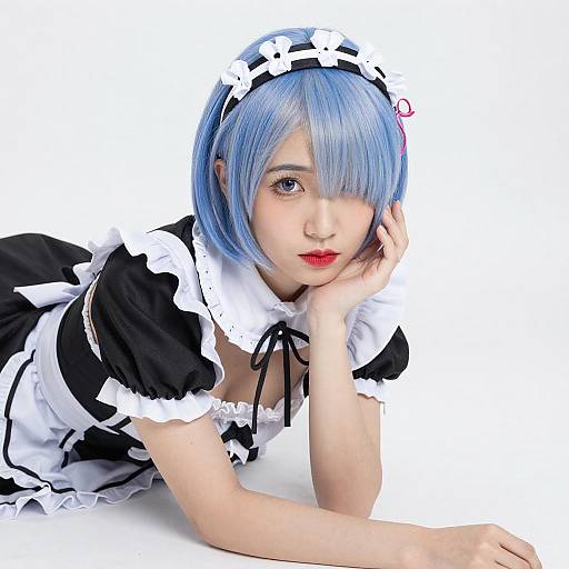 Asian Woman in Blue Bob Maid Outfit