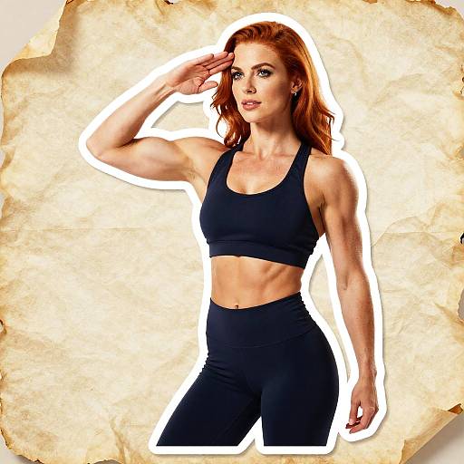 Photograph of a muscular, red-haired woman in black sports bra and pants, saluting with her right hand, against a textured, beige background.