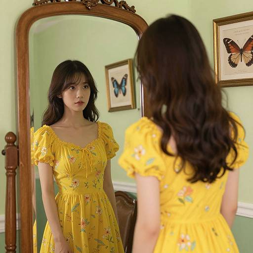 Young Asian woman with long black hair, wearing a yellow floral dress, stands in front of a vintage mirror, reflecting her image in a green-walled