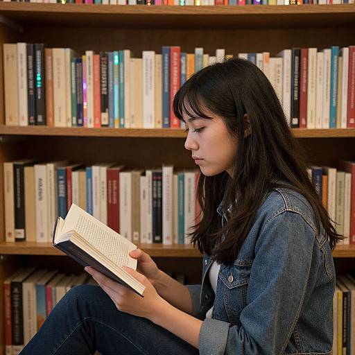 Young Asian woman with long black hair, wearing a denim jacket and blue jeans, sits reading a book in a library with colorful bookshelves in the