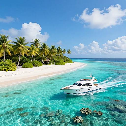 Photograph of a pristine tropical island with turquoise waters, white sandy beach, palm trees, and a white yacht anchored offshore.