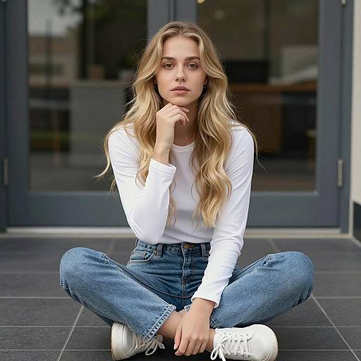 Young Woman Sitting on Tiled Floor
