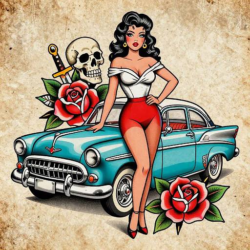 Vintage pin-up illustration: curvy woman with black hair, red high-waist shorts, white off-shoulder top, beside blue classic car