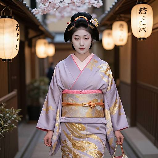Photograph of a beautiful Japanese woman in a lavender kimono with gold patterns, black hair in an ornate updo, standing in a lantern-l