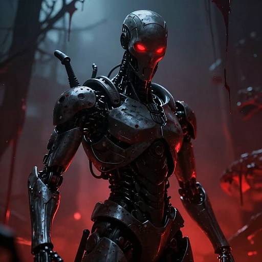 Photorealistic CGI of a menacing, glowing-red-eyed, metallic humanoid robot standing in a dark, industrial, red-lit, cyberpunk forest.