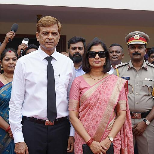 Couple and Officer in Indoor Crowd Scene