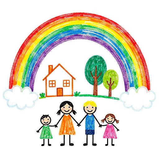 Colorful children's drawing of a family holding hands under a vibrant rainbow, with a house and trees in the background.