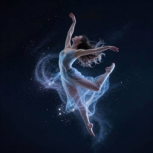 Photograph of a dancing woman in a translucent blue dress, glowing against a dark, starry background, arms and legs elegantly extended.