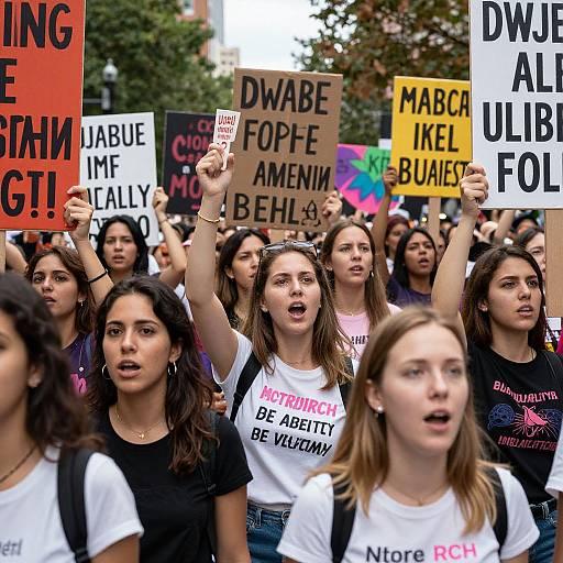Photograph of diverse young women in a protest, holding signs with phrases like 