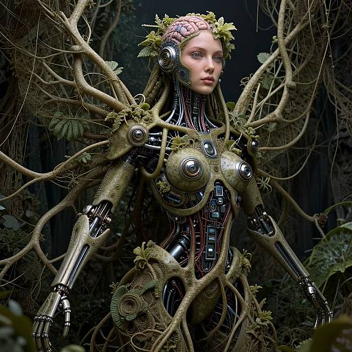 Digital artwork of a cybernetic woman with leafy crown, vines, and mechanical limbs, standing in a dark, dense forest.