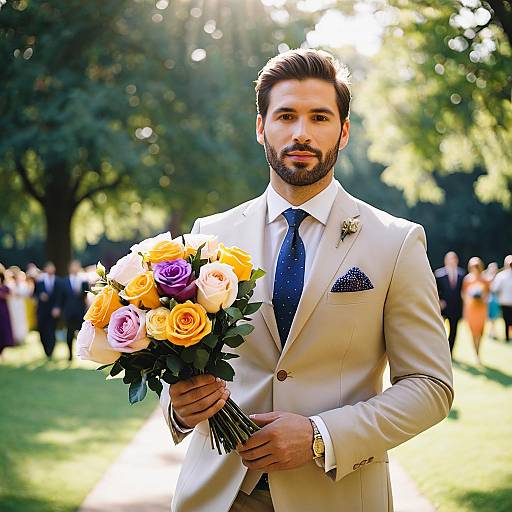 Groom in Tan Suit Holding Colorful Rose Bouquet Outdoors