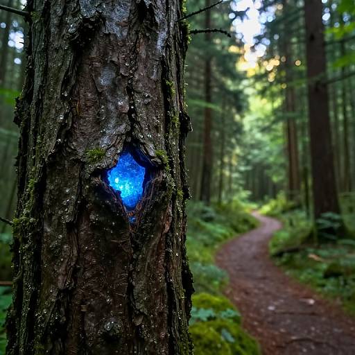 Photograph of a forest with a tree trunk featuring a glowing, blue, bioluminescent knot; a winding dirt path in the background.